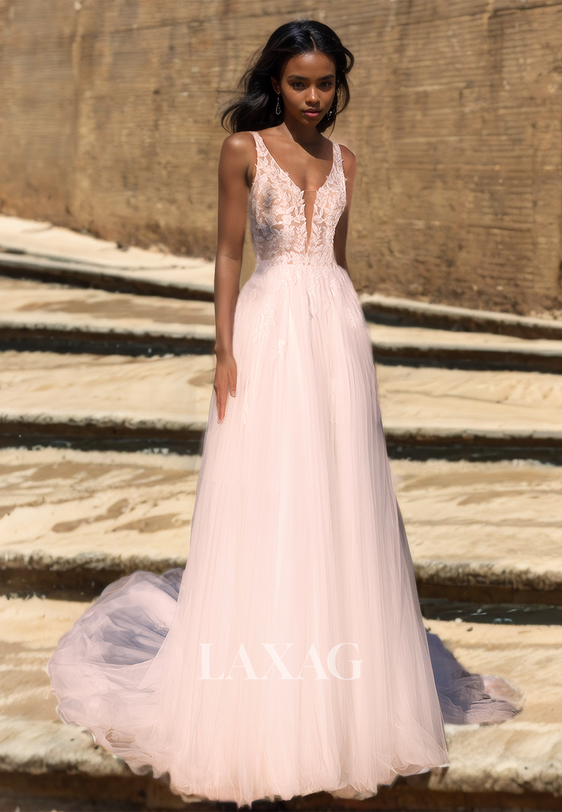 Deep V-Neck Sleeveless Tulle A-Line Wedding Dress Spaghetti Straps App Laxag Deep V-Neck Sleeveless Tulle A-Line Wedding Dress Spaghetti Straps App Laxag