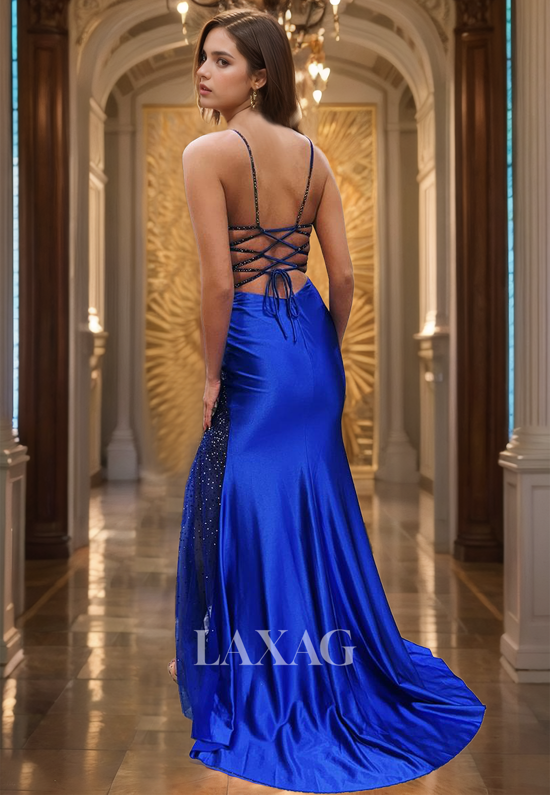 Spaghetti Straps V-Neck Off-Shoulder Mermaid Prom Dress Sleeveless Pleated Beaded Evening Gowns