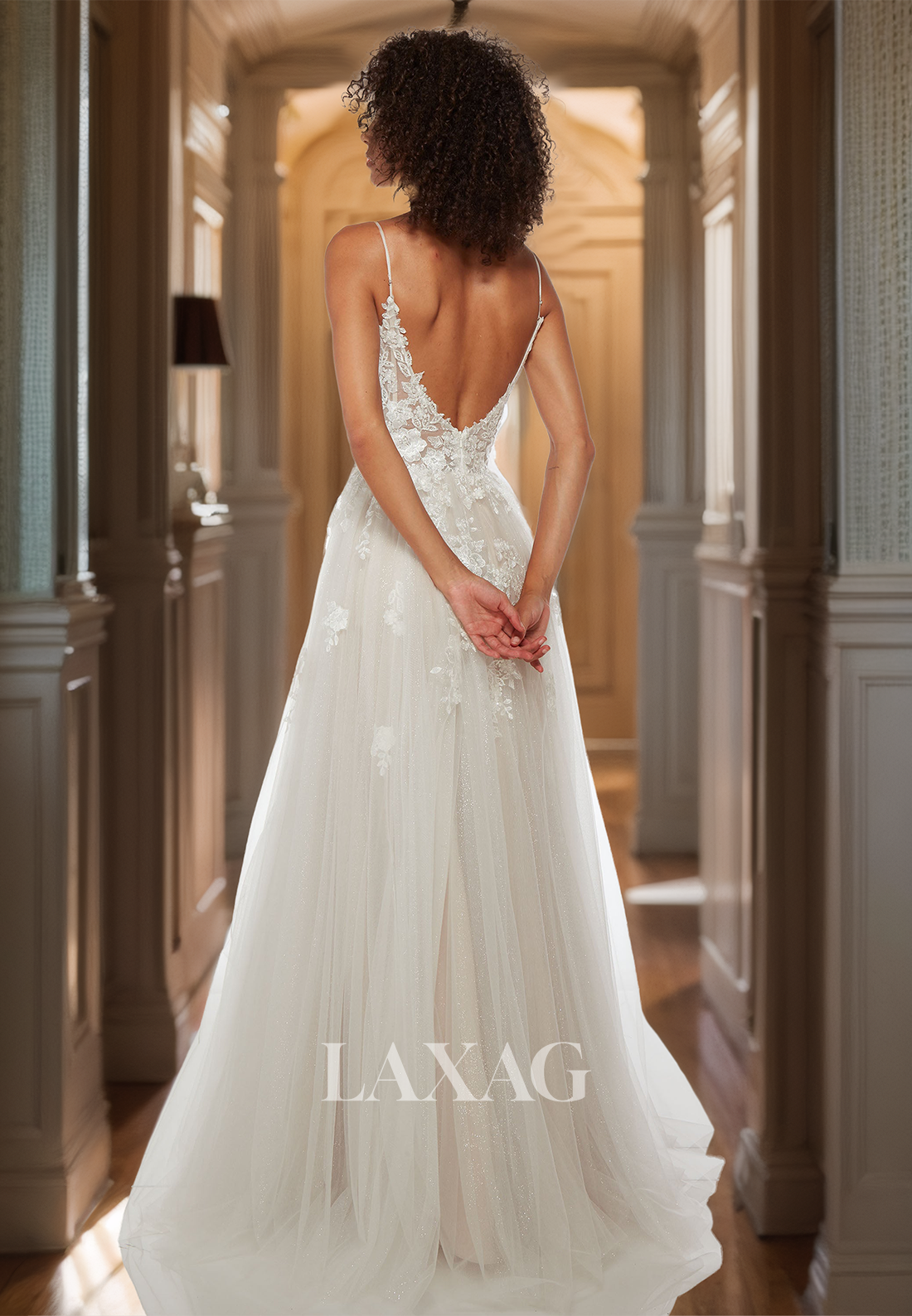 Spaghetti Straps Deep V-Neck A-Line Prom Dress Pleated Applique Glitter-Knit Party Gowns with Slit