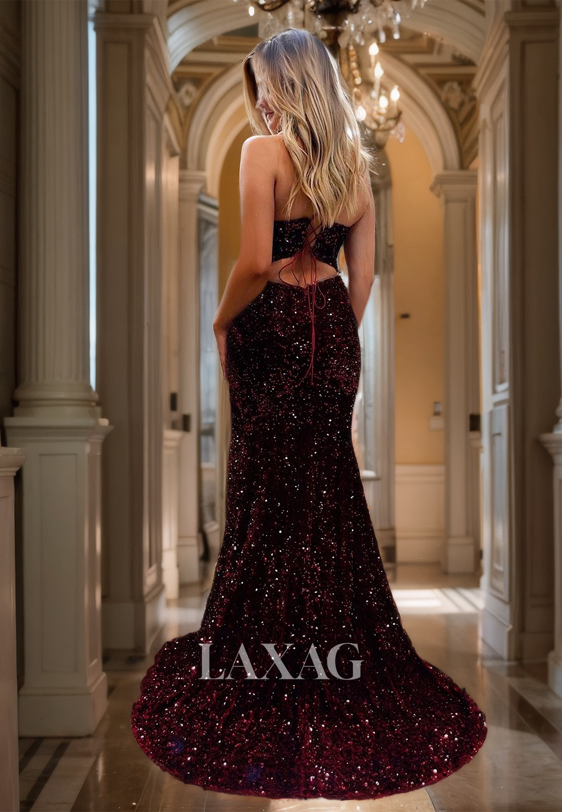 فستان حورية البحر للحفلات الراقصة بدون أكمام وفتحة رقبة على شكل حرف V وحمالات رفيعة ومطرز بالكامل بالخرز