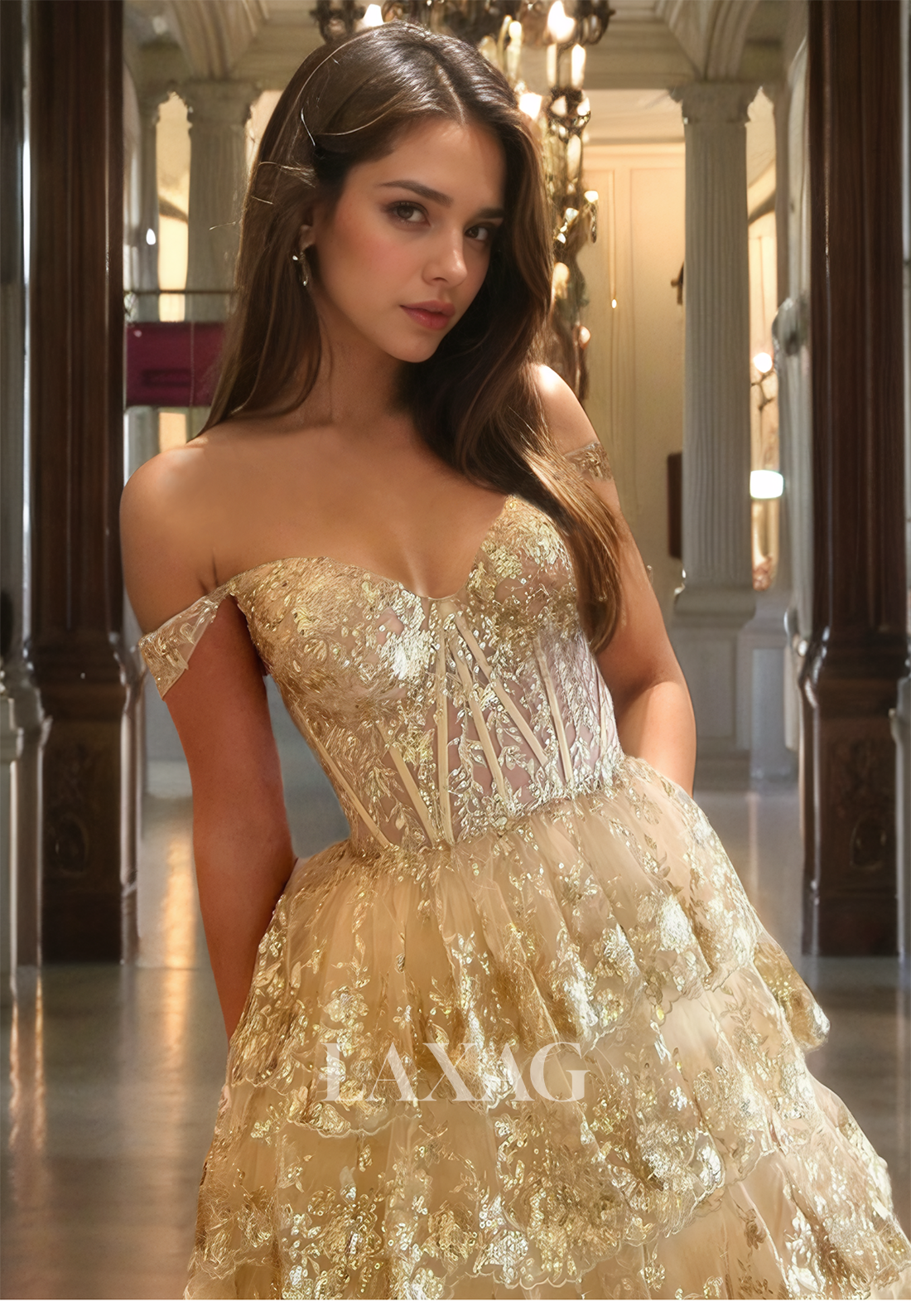 Sweetheart Off-Shoulder Sleeveless A-Line Prom Dress Glitter Lace Applique Tiered Formal Gowns