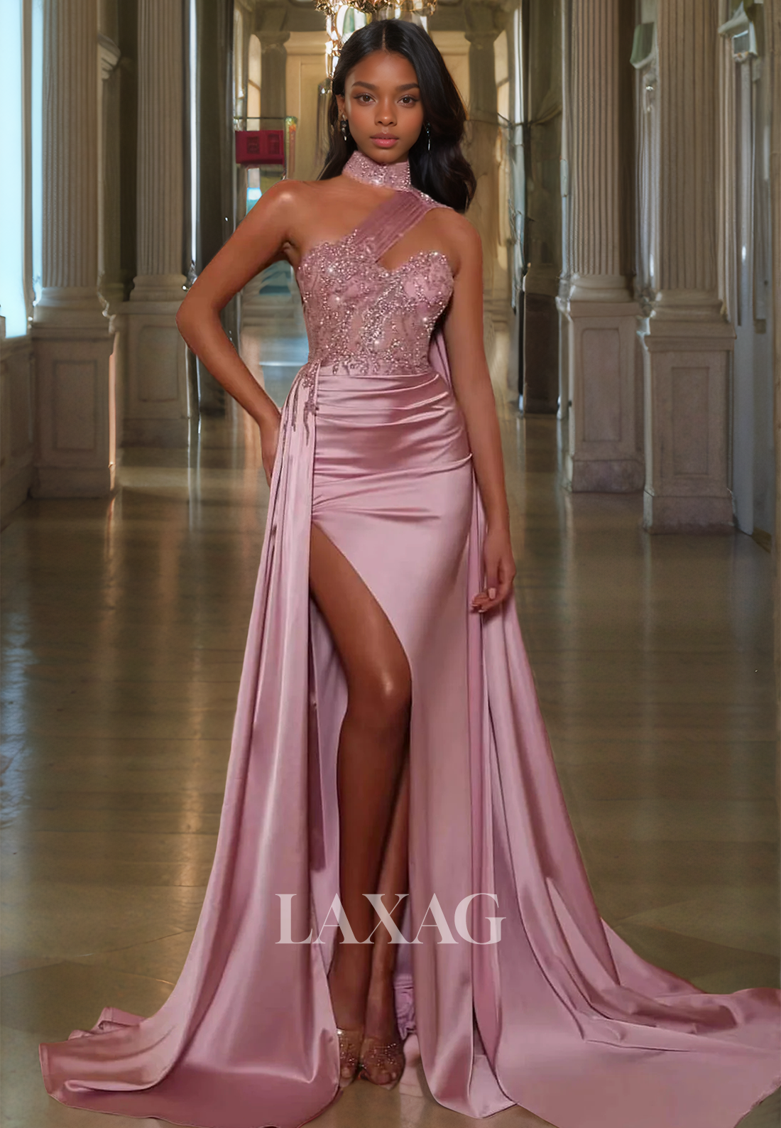 Halter Asymmetrical Sweetheart Sleeveless Beaded Glitter Applique Pleated Train Prom Dress with High Slit