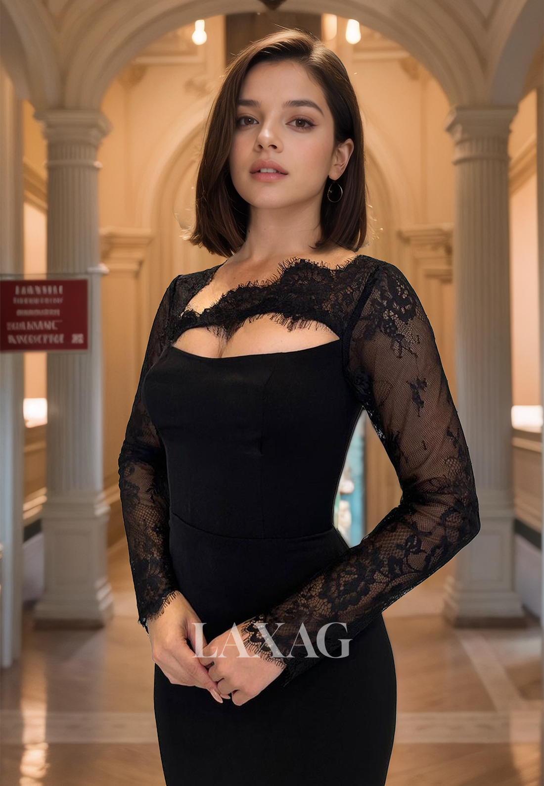 Tube Top Lace Long-Sleeves Satin Mermaid Formal Prom Dress with Sweep Train