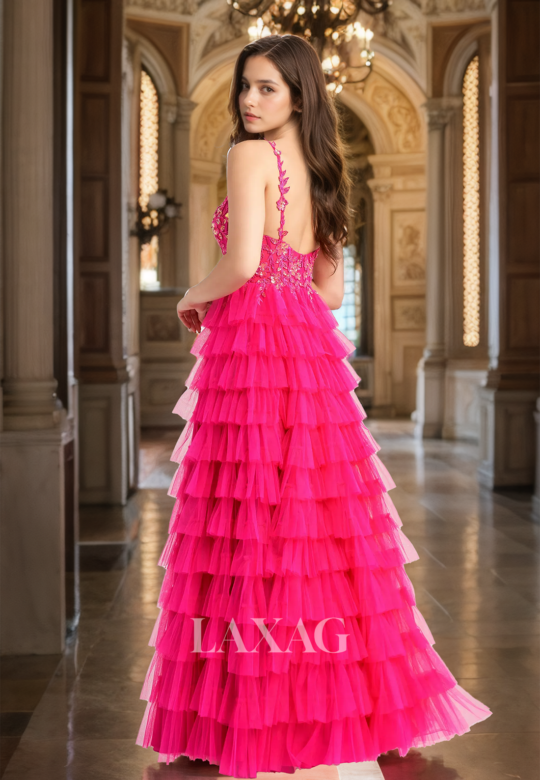 V-Neck Spaghetti Straps Off-Shoulder Sleeveless A-Line Prom Dress Beaded Applique Tiered Tulle Party Gowns