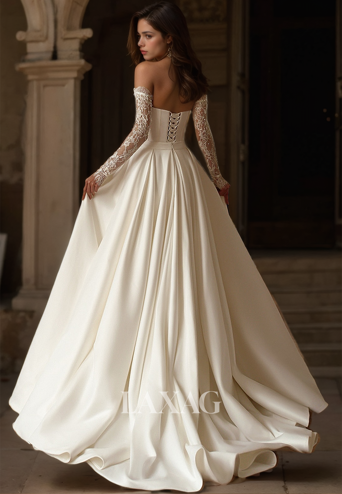 Long-Sleeves Sweetheart Mermaid Wedding Dress Allover Lace Beaded Sweep Train Bride Gowns with Overskirt