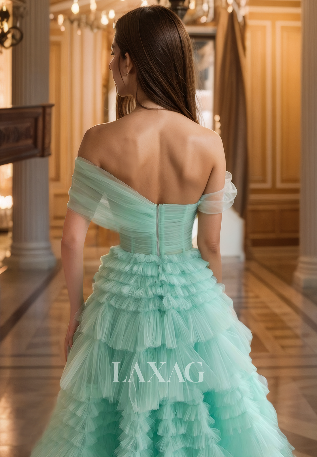 Asymmetrical-Neck Sleeveless Long Formal Gowns Sleeveless Pleated Tiered Tulle A-Line Prom Dress