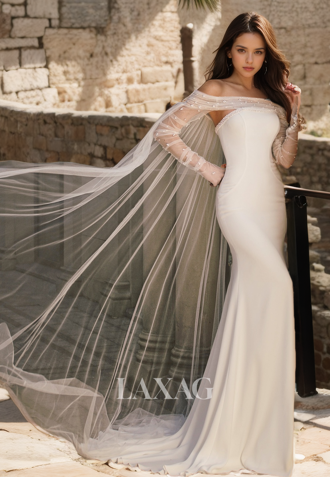 Beaded Tube Top Tulle Long-Sleeves Bride Dress Off-Shoulder Sweep Trai Laxag Beaded Tube Top Tulle Long-Sleeves Bride Dress Off-Shoulder Sweep Trai Laxag
