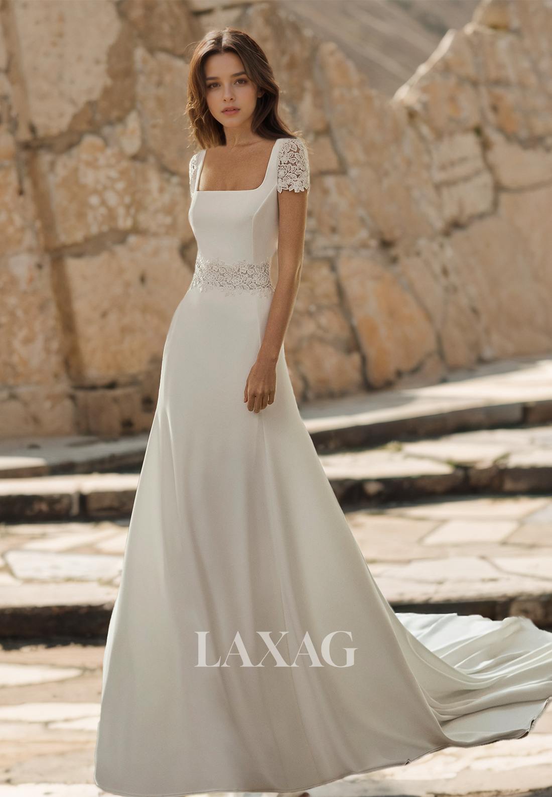 Square-Neck Lace Short-Sleeves Fitted Wedding Dress Applique Cutout Sa Laxag Square-Neck Lace Short-Sleeves Fitted Wedding Dress Applique Cutout Sa Laxag