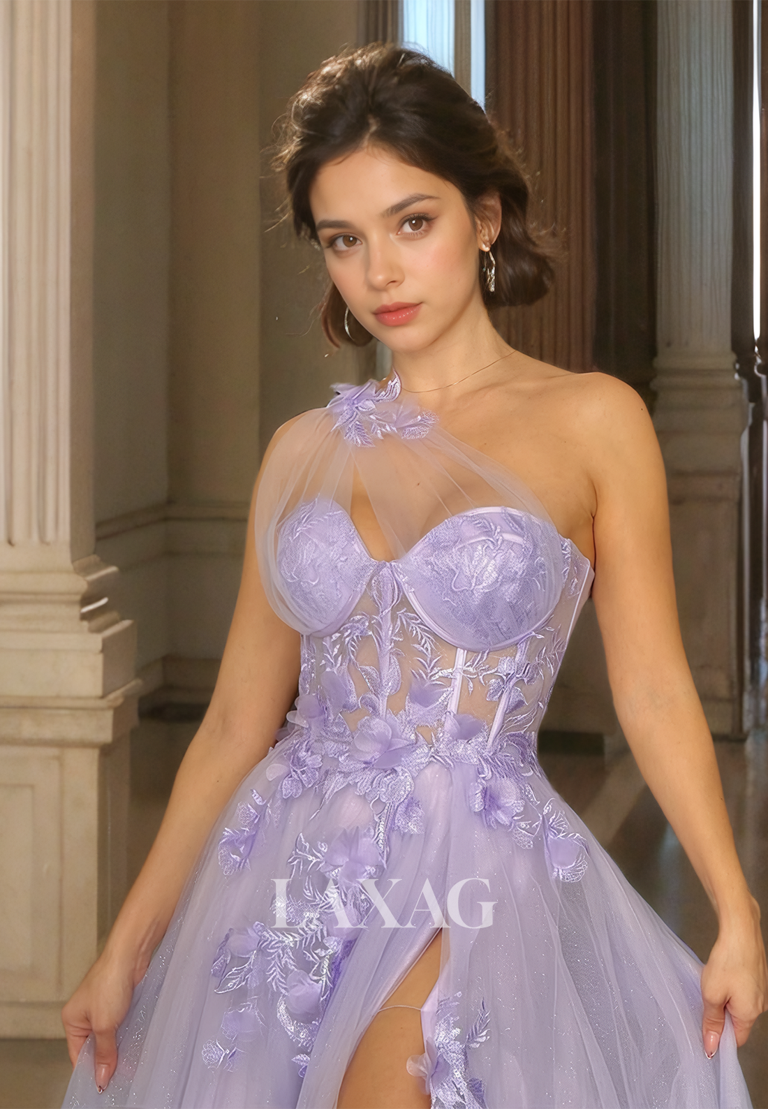 Sweetheart One-Strap Sleeveless A-Line Prom Dress Pleated Floral Appliqued High Slit Tulle Party Gowns