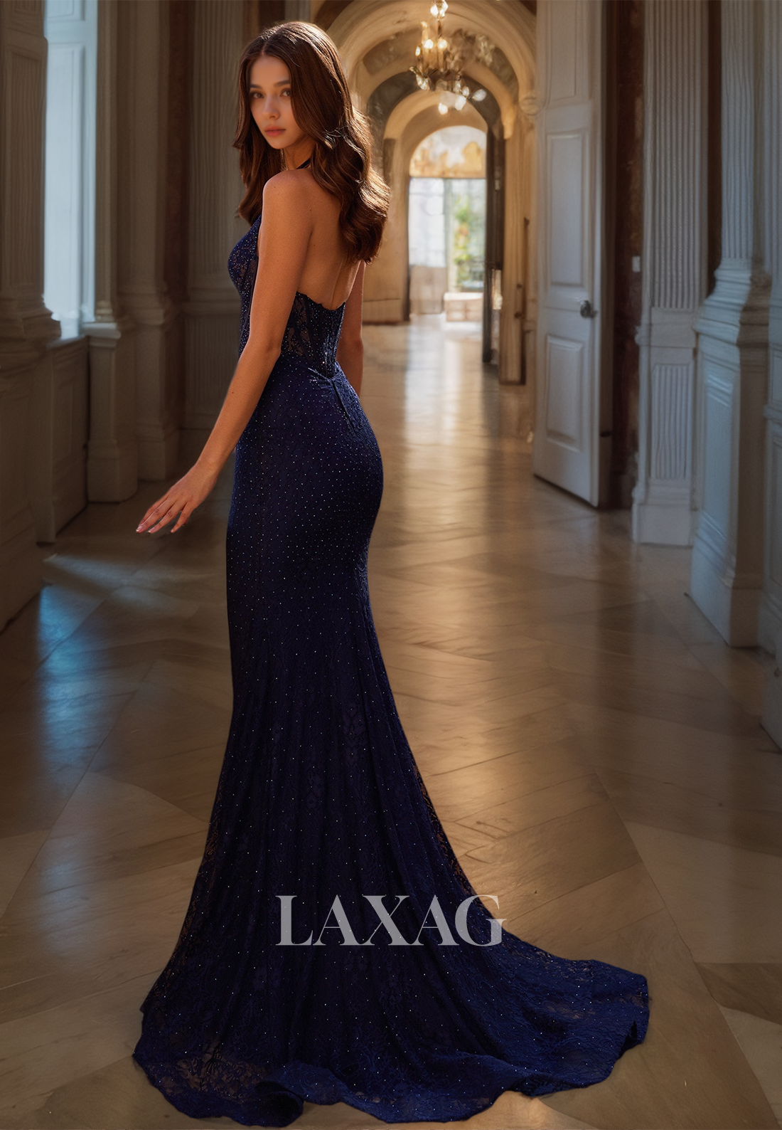 Halter Deep V-Neck Sleeveless Mermaid Prom Dress Off-Shoulder Fully Beaded Lace Evening Downs