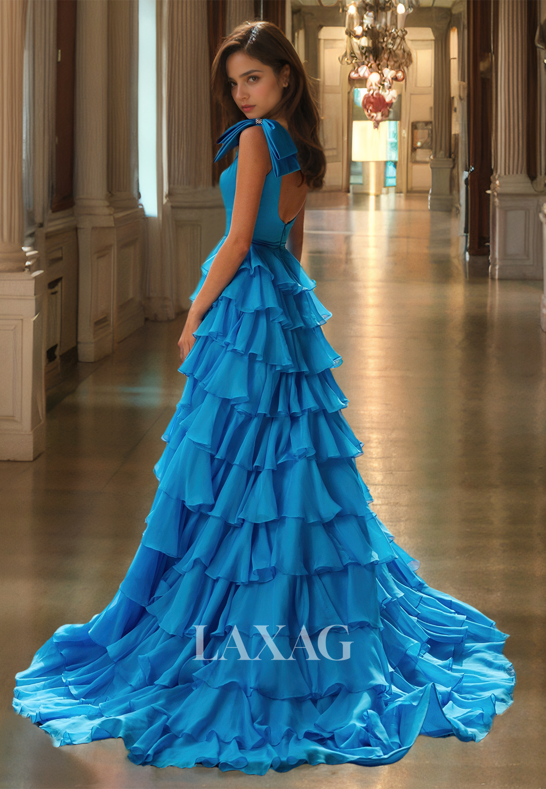 Square-Neck Bows-Straps Sleeveless A-Line Prom Dress Off-Shoulder Chiffon Tiered Formal Gowns