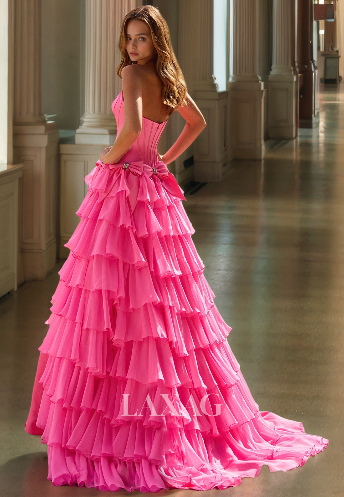 Scoop-Neck Off-Shoulder Sleeveless Beaded Pleated Chiffon Tiered A-Line Prom Dress with Bows