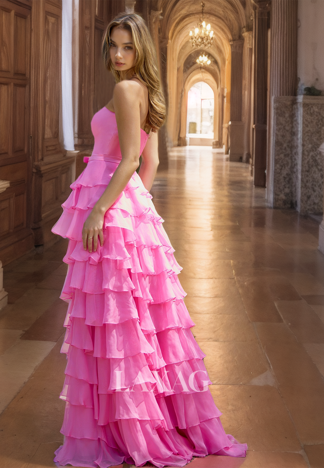 Tube Top Off-Shoulder Sleeveless Evening Gowns Pleated Chiffon Tiered Slit Fitted Prom Dress