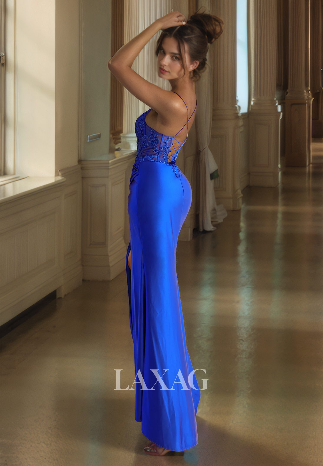 Scoop-Neck Spaghetti Straps Off-Shoulder Sleeveless Sequined Beaded Pleated Mermaid Prom Dress