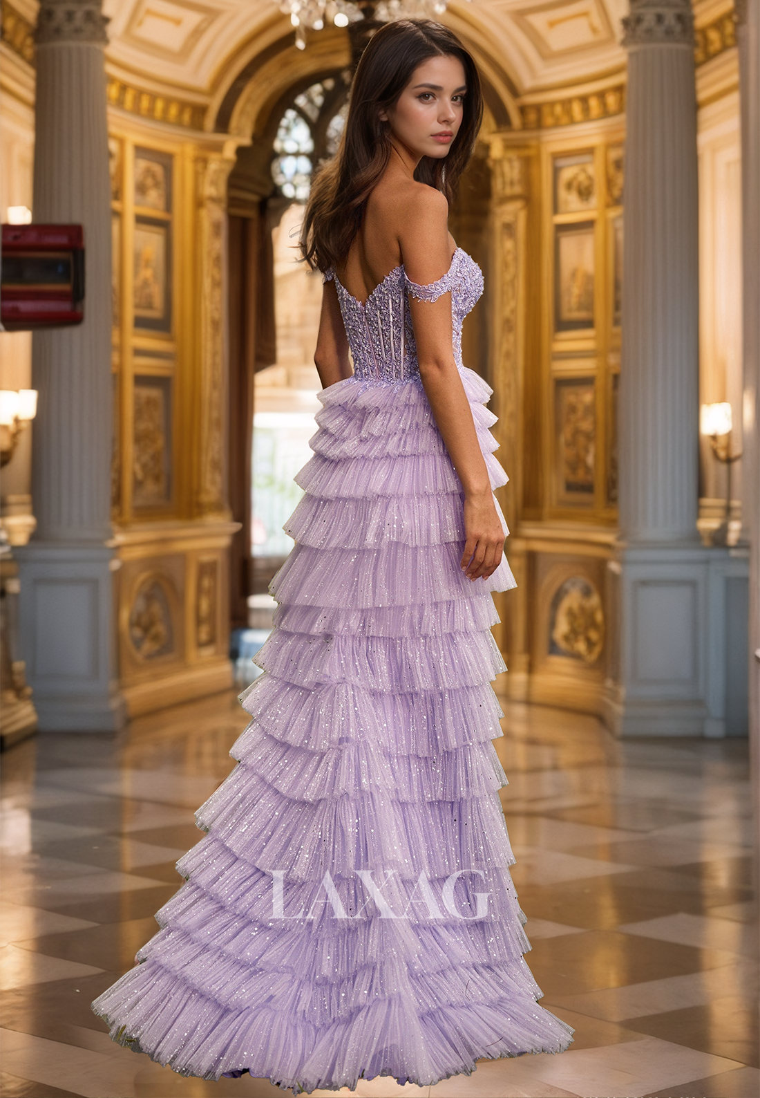 Sweetheart Off-Shoulder Sleeveless Mermaid Prom Dress Beaded Lace Applique Glitter-Knit Tiered Party Gowns