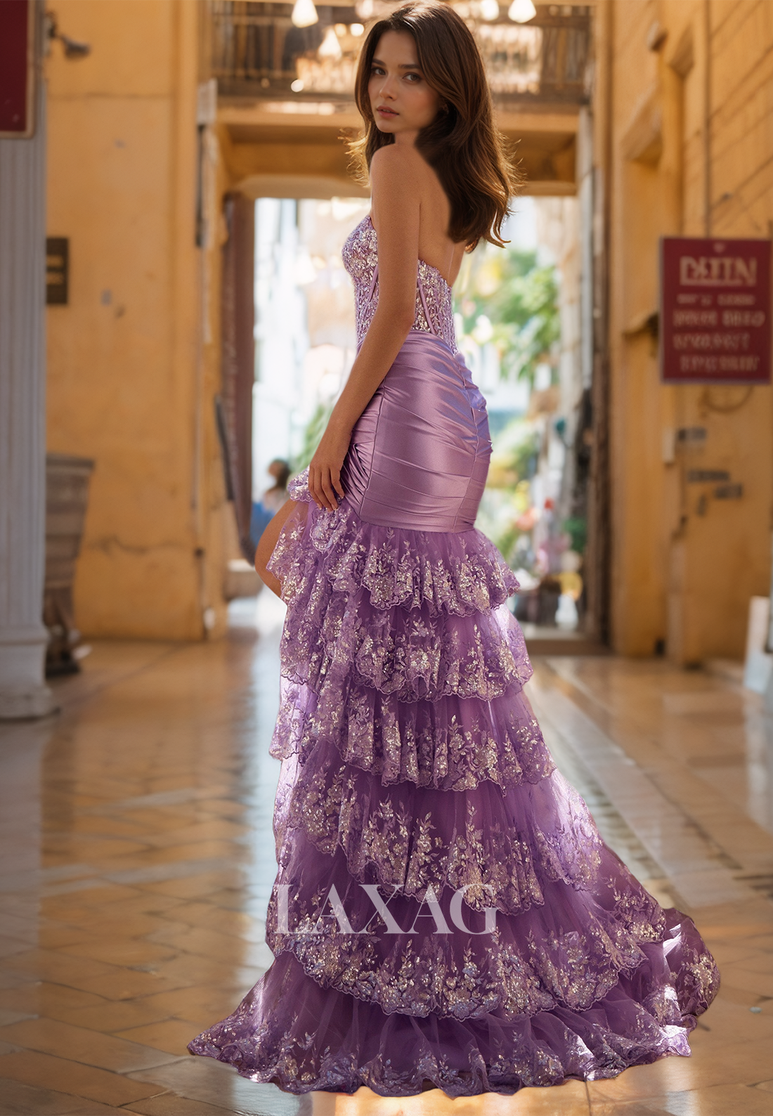 V-Neck Sleeveless Pleated Formal Gowns Beaded Lace Applique Tiered Mermaid Prom Dress with Slit