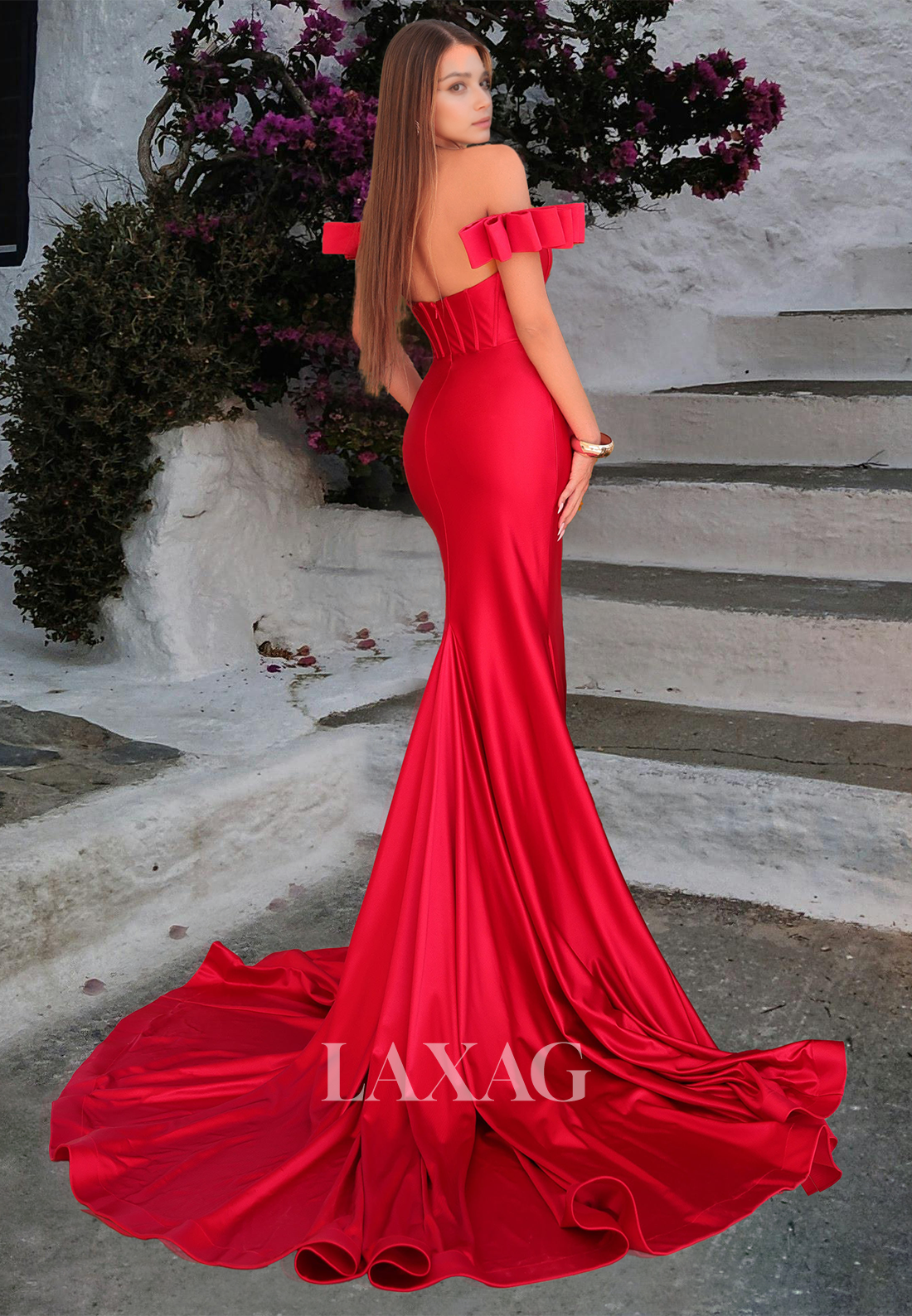 Scoop-Neck Off-Shoulder Sleeveless Pleated Satin Mermaid Prom Dress with Sweep Train