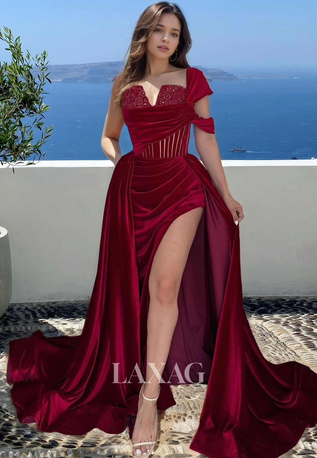 V-Neck Sleeveless One-Strap A-Line Prom Dress Pleated Cutout High Slit   Laxag