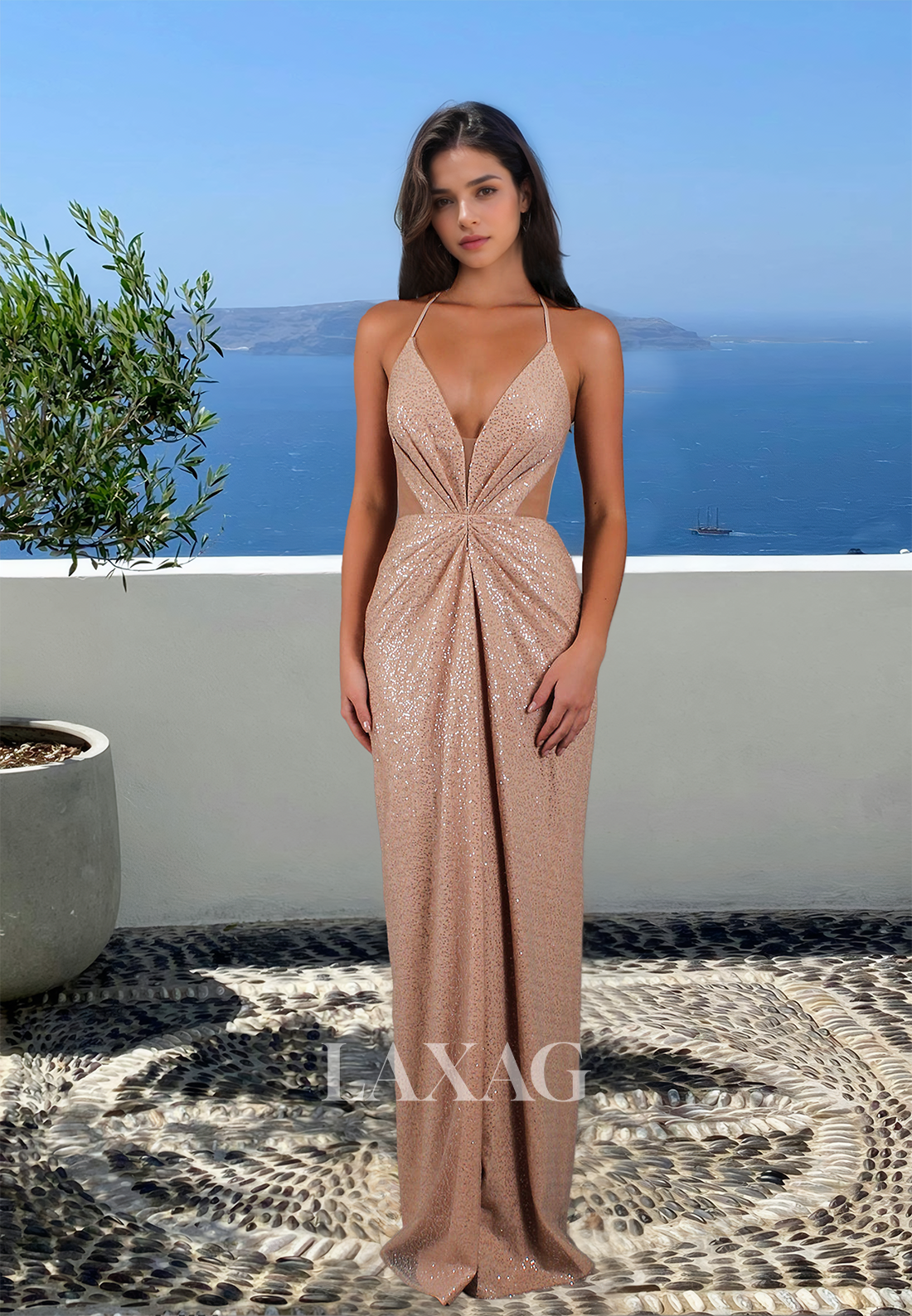 Deep V-Neck Glitter-Knit Pleated Formal Gowns Spaghetti Straps Sleeveless Floor-Length Fitted Prom Dress Deep V-Neck Glitter-Knit Pleated Formal Gowns Spaghetti Straps Sleeveless Floor-Length Fitted Prom Dress