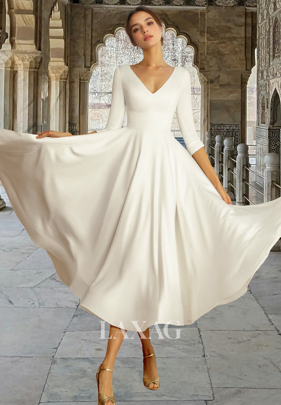 V-Neck Half-Sleeves A-Line Boho Midi Wedding Dress Pleated Satin Beach Laxag V-Neck Half-Sleeves A-Line Boho Midi Wedding Dress Pleated Satin Beach Laxag