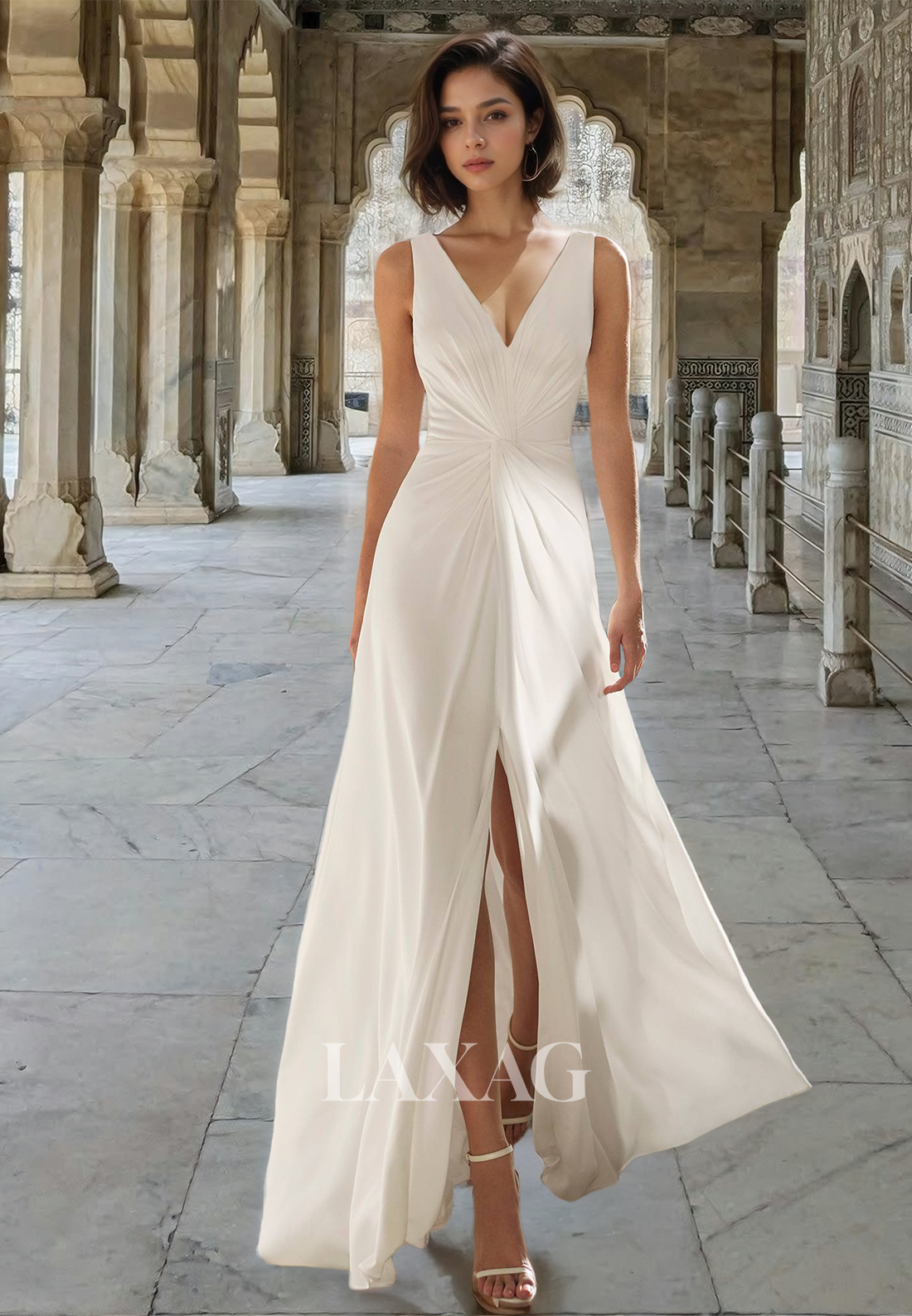 Off-Shoulder Deep V-Neck Straps Pleated Floor-Length Fitted Boho Weddi Laxag Off-Shoulder Deep V-Neck Straps Pleated Floor-Length Fitted Boho Weddi Laxag