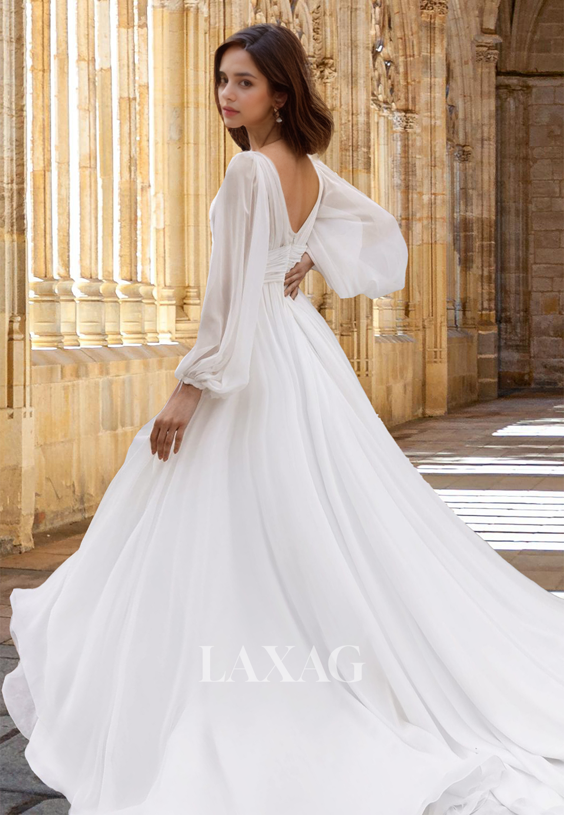 Deep V-Neck Long-Sleeves Pleated Bride Gowns Sweep Train A-Line Wedding Dress with High Slit
