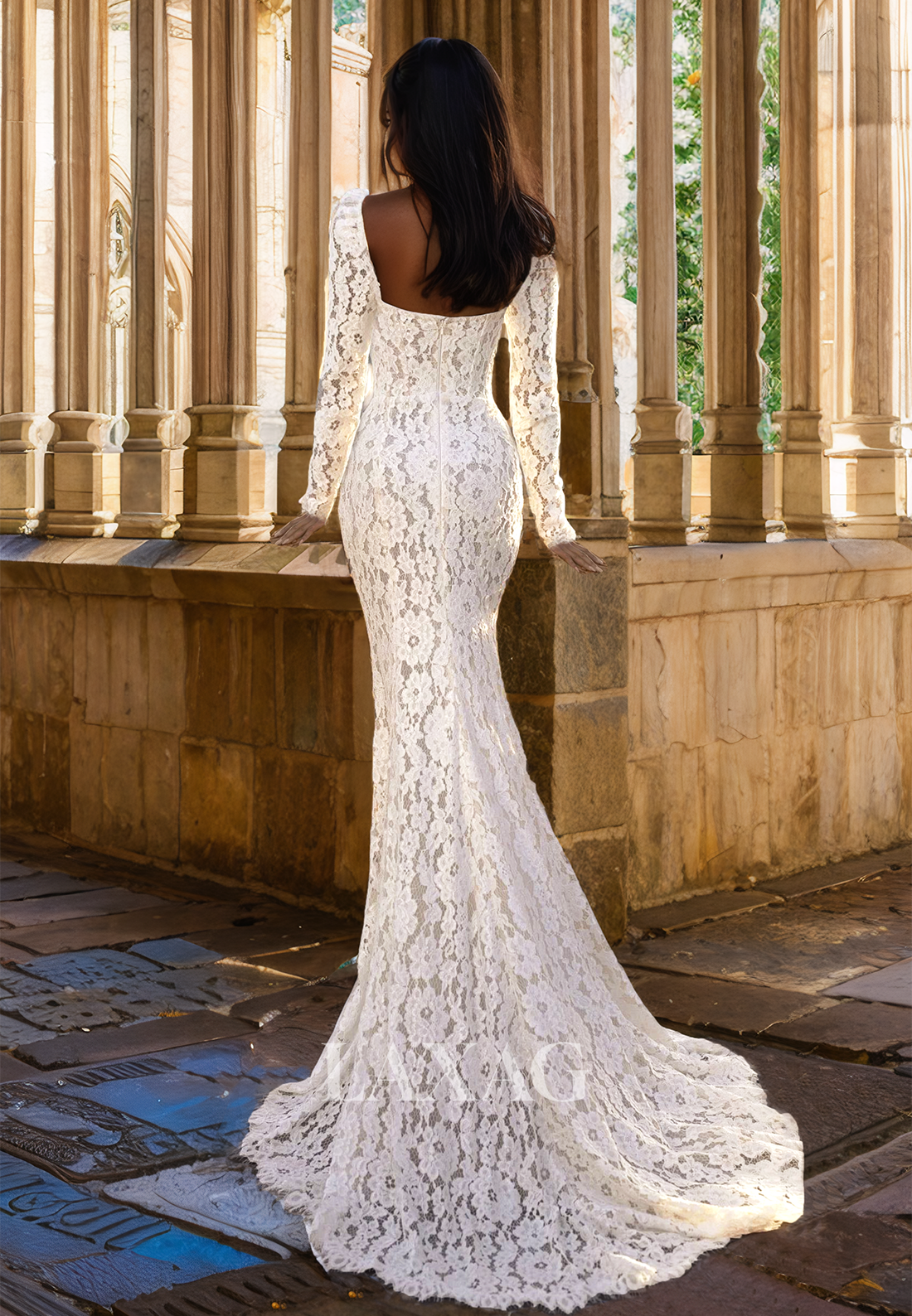 Allover Lace Applique Sweetheart Long- Sleeves Bride Gowns Cutout Sweep Train Mermaid Wedding Dress