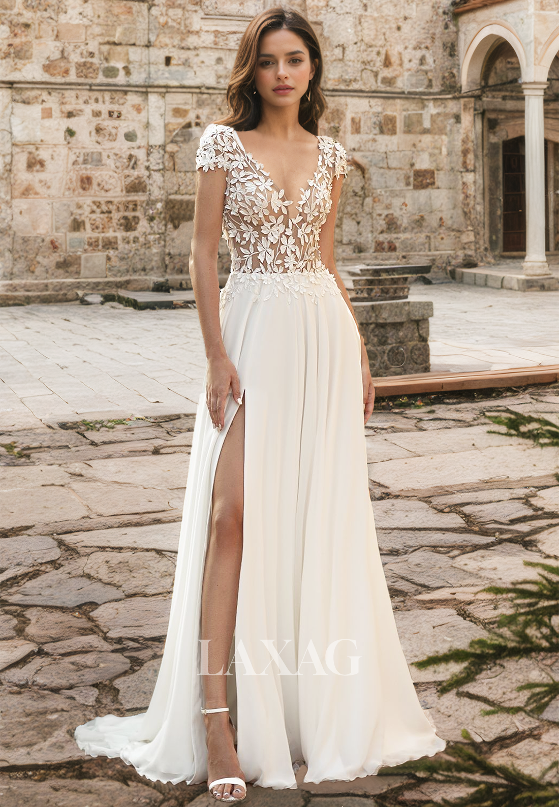 A-Line Short-Sleeves Floral Embellished Wedding Dress Deep V-Neck Cuto Laxag A-Line Short-Sleeves Floral Embellished Wedding Dress Deep V-Neck Cuto Laxag