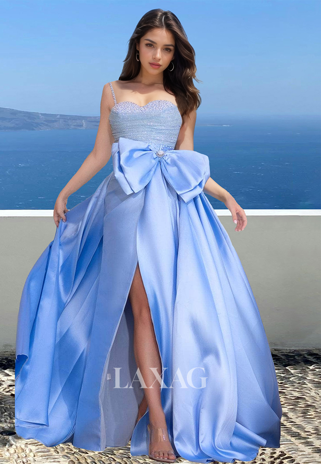 Spaghetti Straps Beaded Sweetheart Sleeveless Formal Gowns Pleated Slit A-Line Prom Dress with Big Bow Spaghetti Straps Beaded Sweetheart Sleeveless Formal Gowns Pleated Slit A-Line Prom Dress with Big Bow