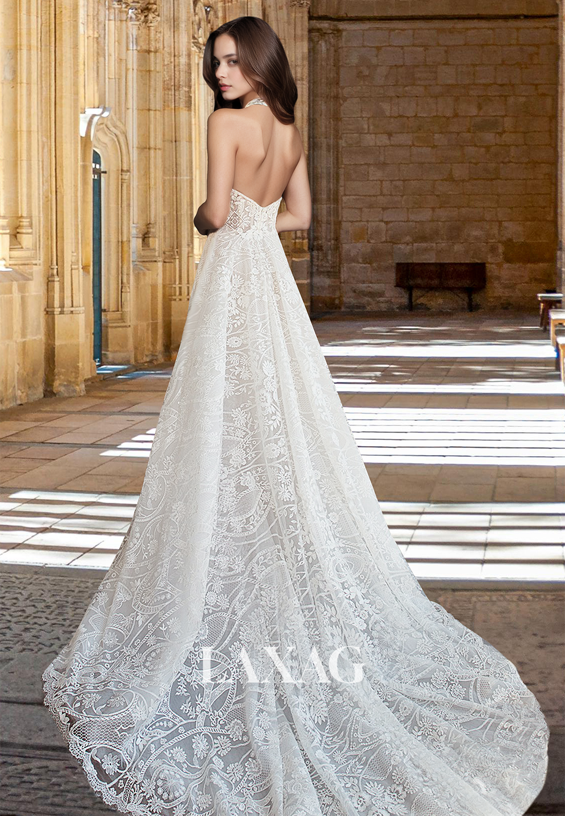 Halter Scoop-Neck Off-Shoulder Sleeveless Pleated A-Line Wedding Dress Allover Lace Sweep Train Bride Gowns