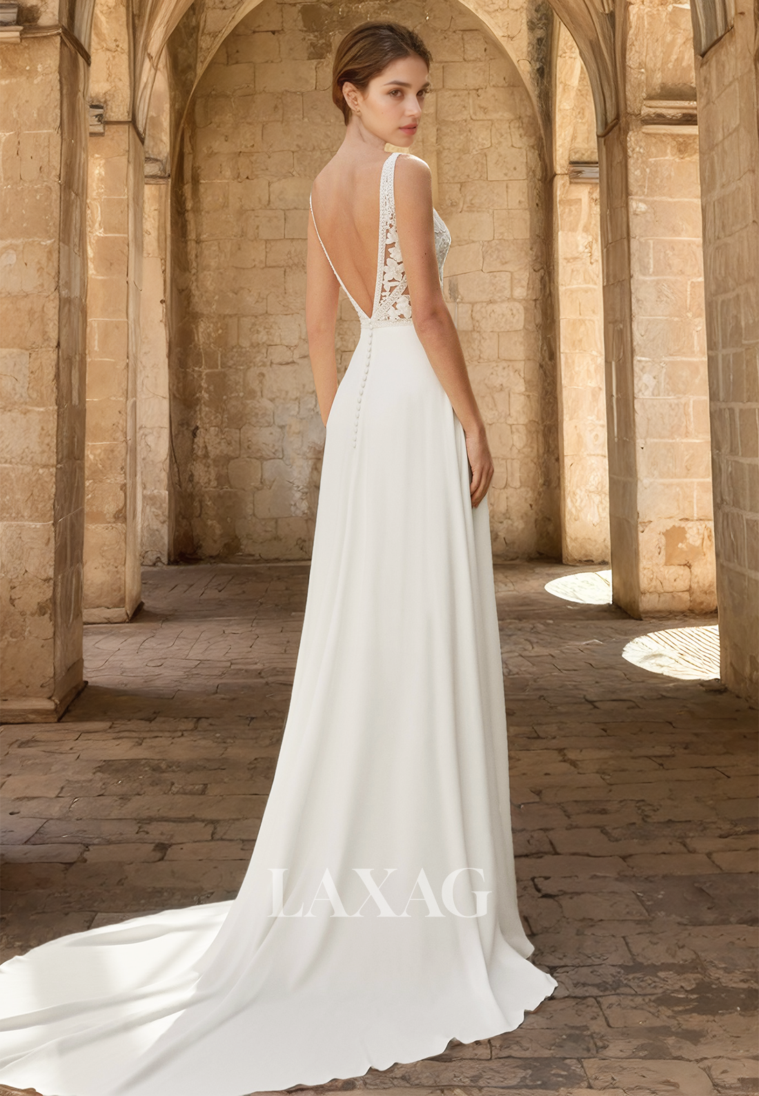 Scoop-Neck Off-Shoulder Sleeveless Satin Fitted Prom Dress Lace Applique Sweep Train Bride Gowns