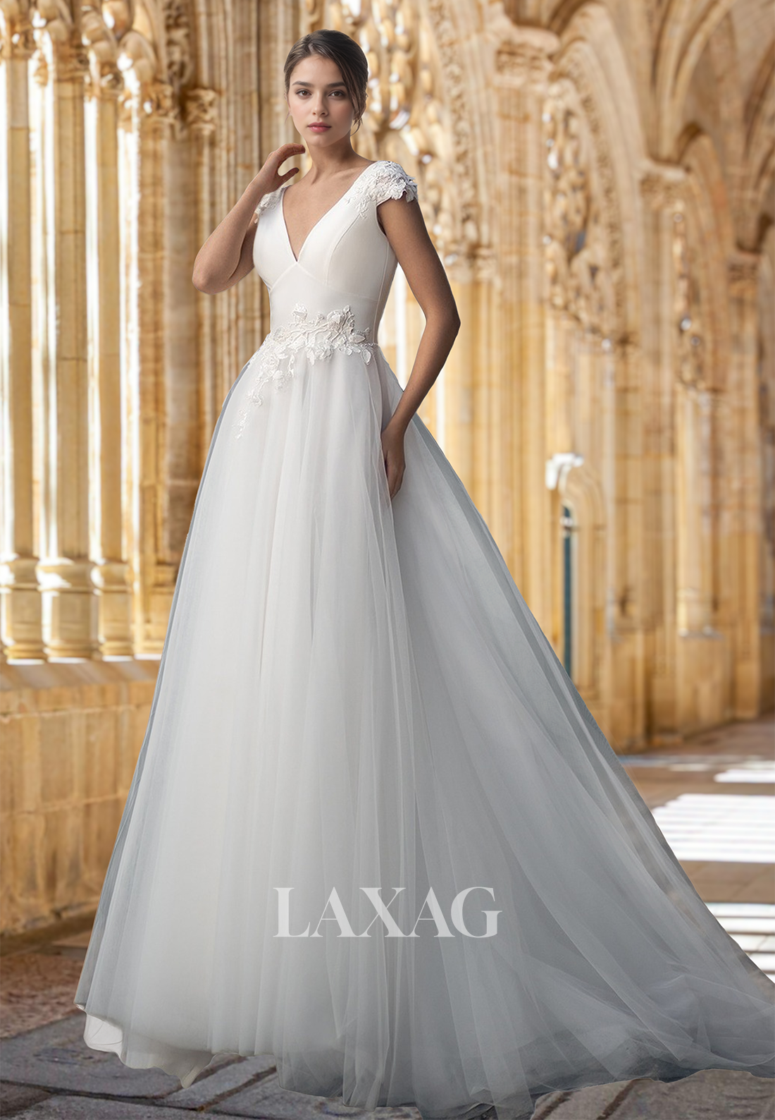 A-Line Deep V-Neck Cap-Sleeves Beaded Pleated Applique Wedding Dress w Laxag A-Line Deep V-Neck Cap-Sleeves Beaded Pleated Applique Wedding Dress w Laxag