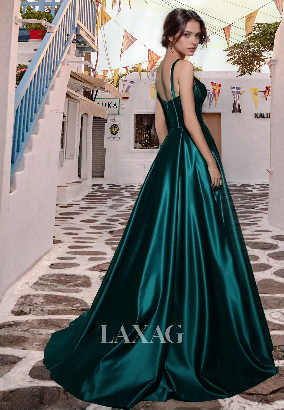 فستان سهرة رسمي بدون أكمام بقصة A على شكل قلب وحمالات رفيعة وكتف مكشوف ومطوي