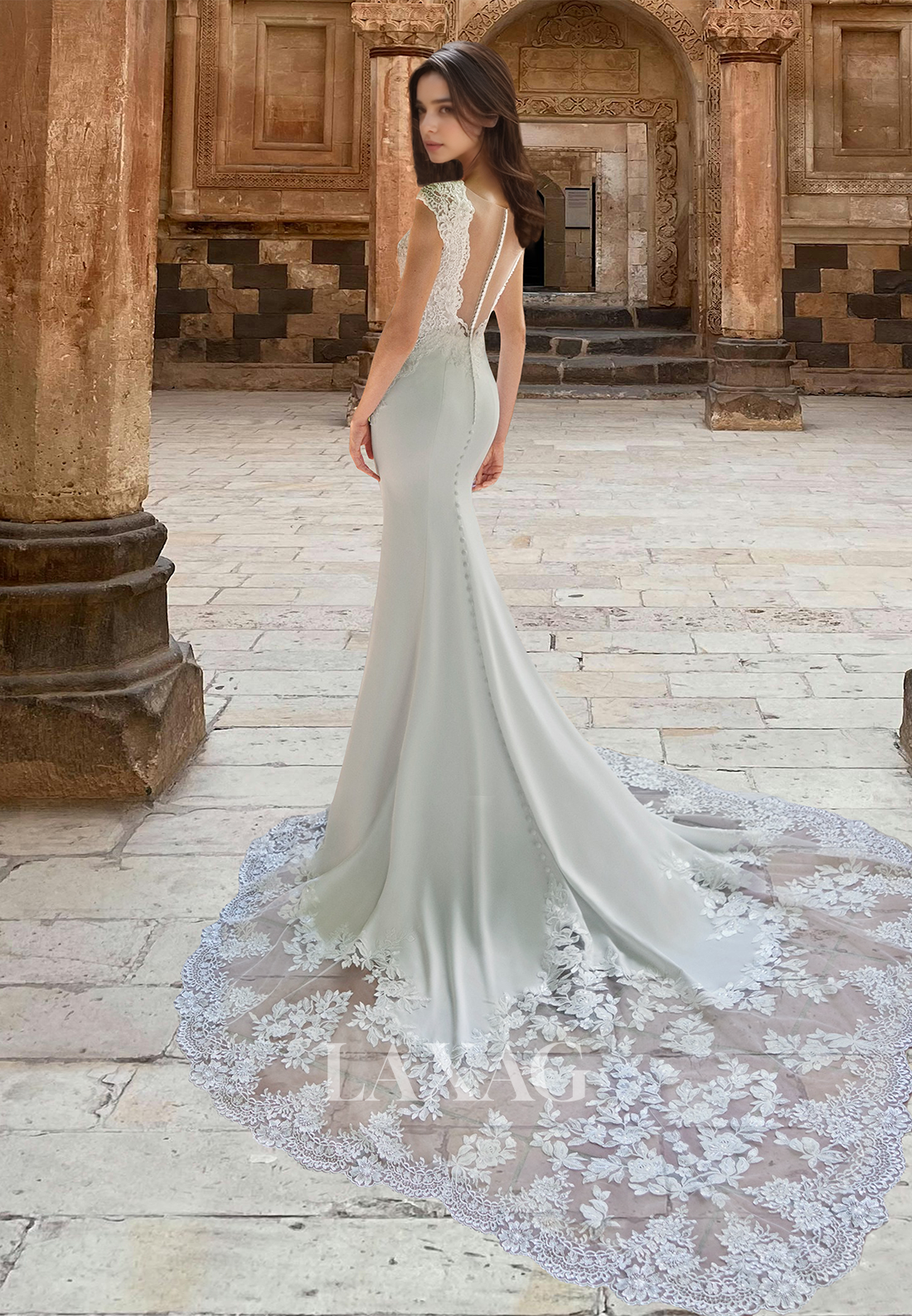 Deep V-Neck Cap-Sleeves Sweep Train Mermaid Prom Dress Lace Applique Cutout Bride Gowns