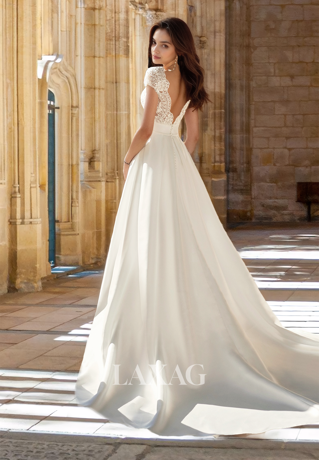 Lace Applique Pleated Cutout Bride Gowns V-Neck Cap-Sleeves Chiffon A-Line Wedding Dress with High Slit
