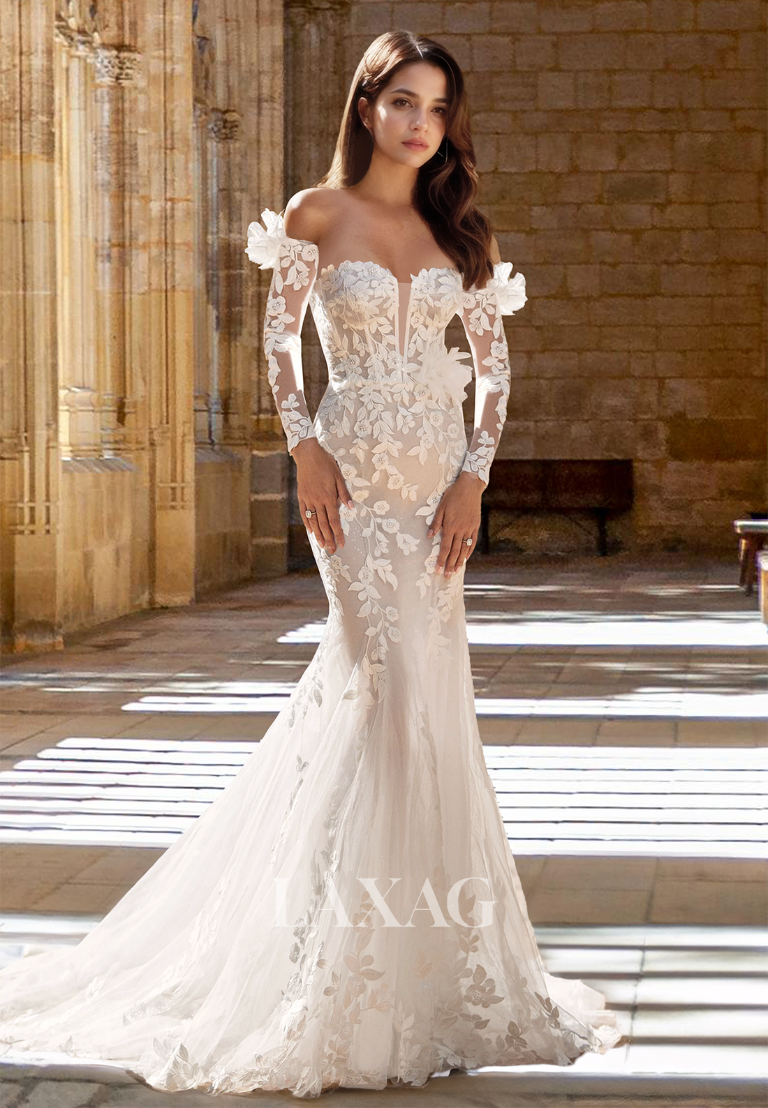 Sweetheart Long-Sleeves Beaded Floral Embossed Applique Tulle Mermaid Laxag Sweetheart Long-Sleeves Beaded Floral Embossed Applique Tulle Mermaid Laxag