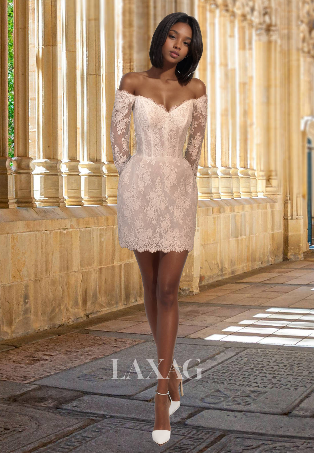 V-Neck Off-Shoulder Long-Sleeves Bride Gowns Lace Applique Short Mermaid Prom Dress with Satin Overskirt