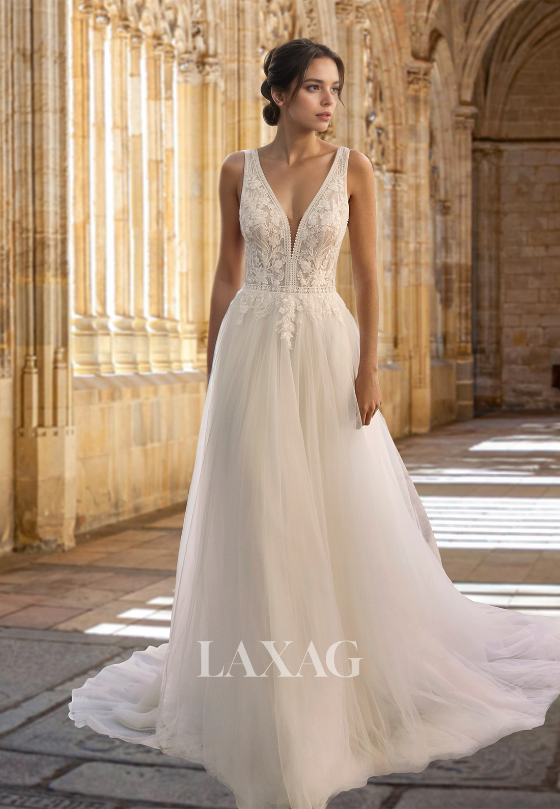 Deep V-Neck Straps Off-Shoulder Sleeveless A-Line Wedding Dress Beaded Laxag Deep V-Neck Straps Off-Shoulder Sleeveless A-Line Wedding Dress Beaded Laxag