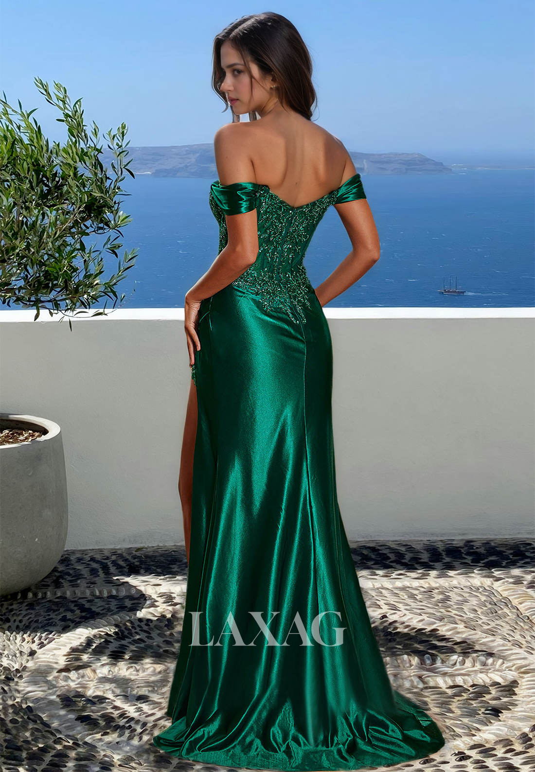 Off-Shoulder Sleeveless Beaded Sequined Party Gowns Sweetheart Pleated High Slit Mermaid Prom Dress