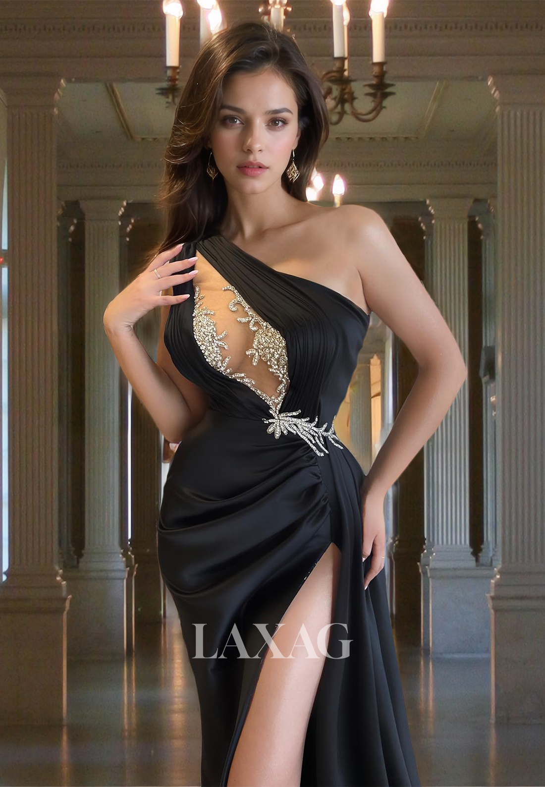 Asymmetrical-Neck Off-Shoulder Sleeveless Party Gowns Beaded Pleated Cutout Mermaid Prom Dress