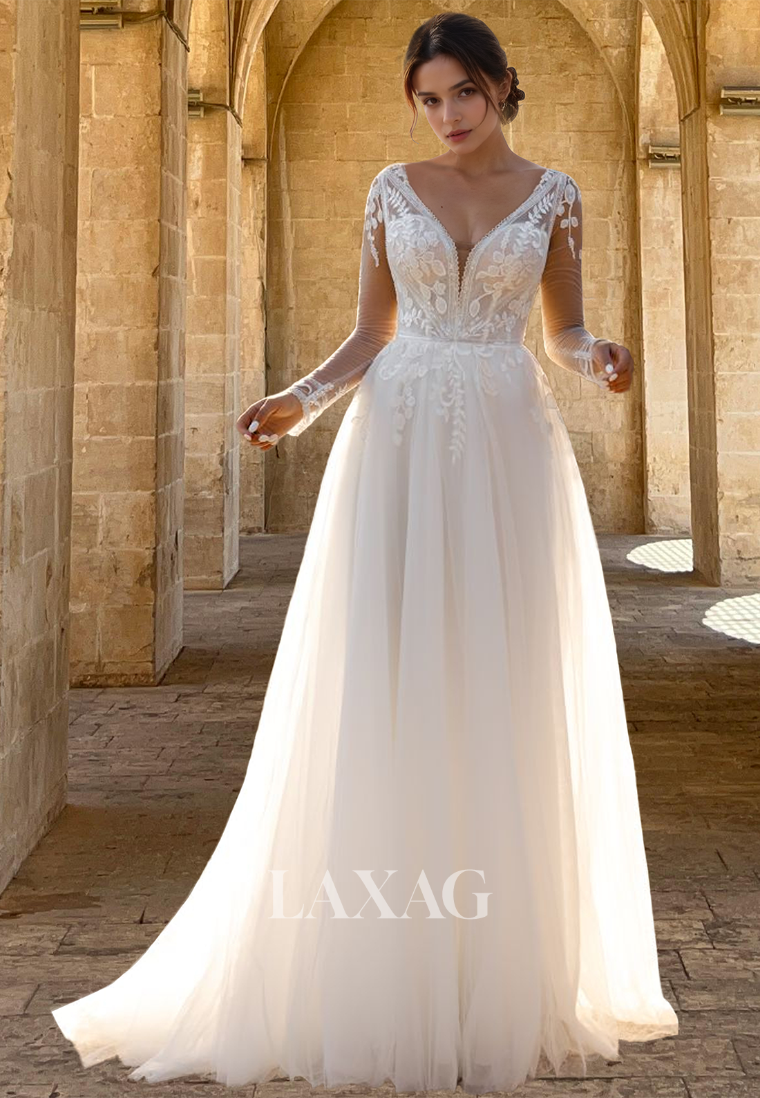 Long-Sleeves Deep V-Neck Tulle A-Line Wedding Dress Beaded Lace Appliq Laxag Long-Sleeves Deep V-Neck Tulle A-Line Wedding Dress Beaded Lace Appliq Laxag