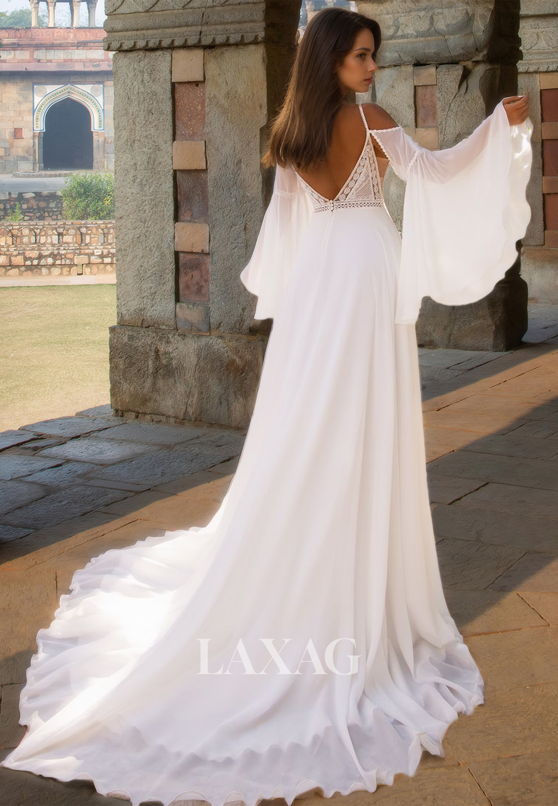 Spaghetti Straps Long-Sleeves Chiffon A-Line Wedding Dress Deep V-Neck Pleated Lace Applique Bride Gowns