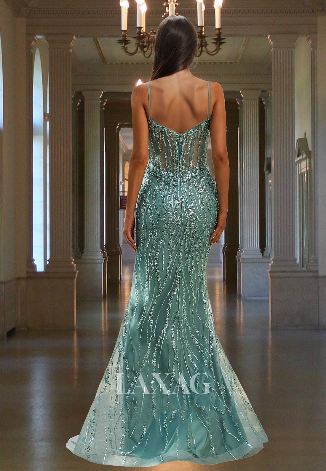 Off-Shoulder Sleeveless Sweetheart Formal Gowns Spaghetti Straps Beaded Sequined Tulle Mermaid Prom Dress