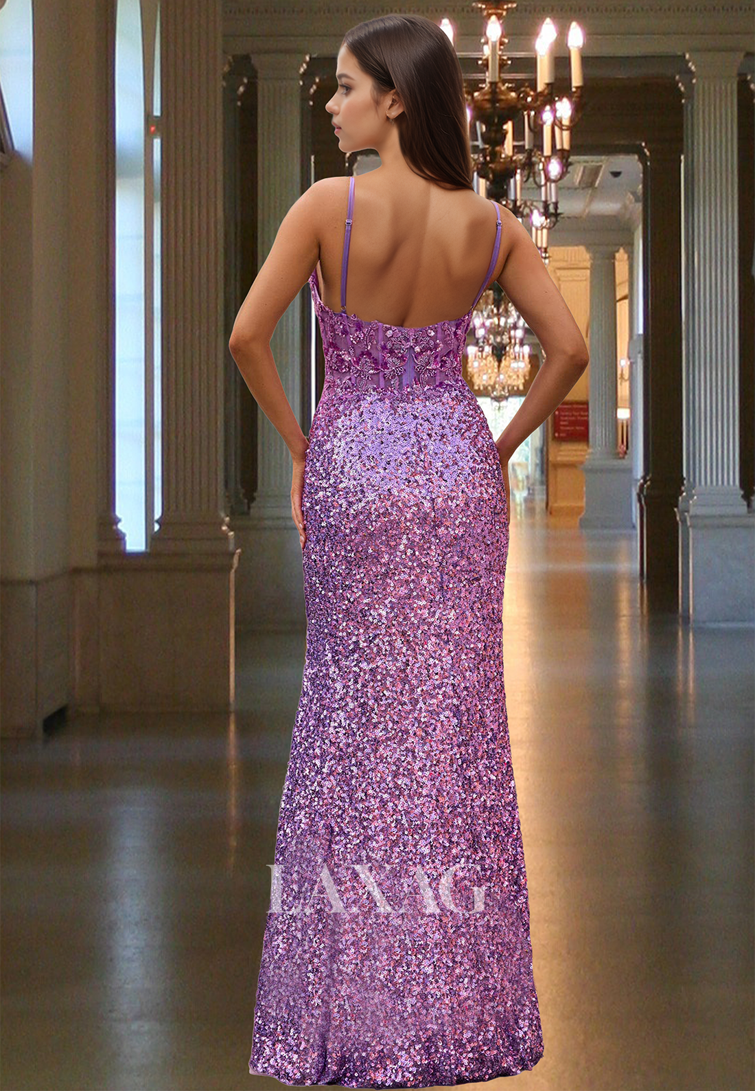 V-Neck Spaghetti Straps Sleeveless Fully Sequined Floor-Length Mermaid Prom Dress with High Slit