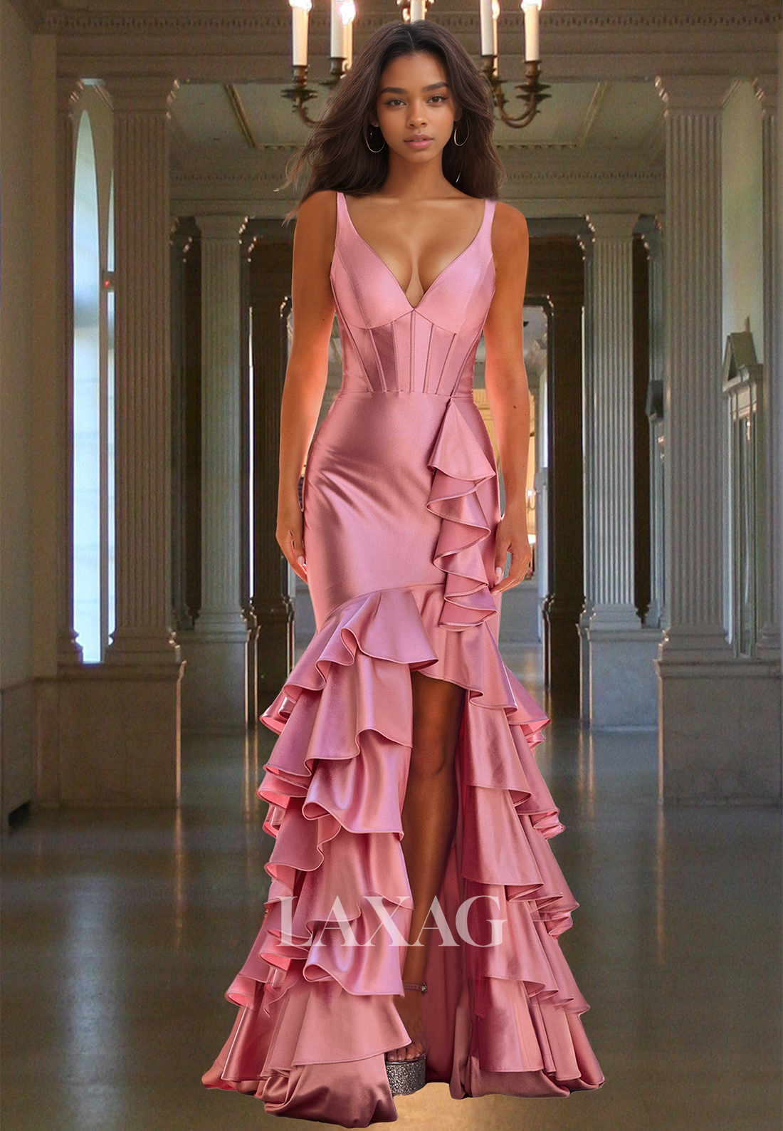 Deep V-Neck Spaghetti Straps Sleeveless Mermaid Prom Dress Pleated Sat Laxag Deep V-Neck Spaghetti Straps Sleeveless Mermaid Prom Dress Pleated Sat Laxag