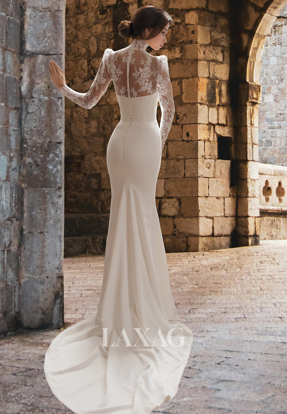 High-Neck Long-Sleeves Mermaid Prom Dress Lace Applique Pleated Sweep Train Satin Bride Gowns