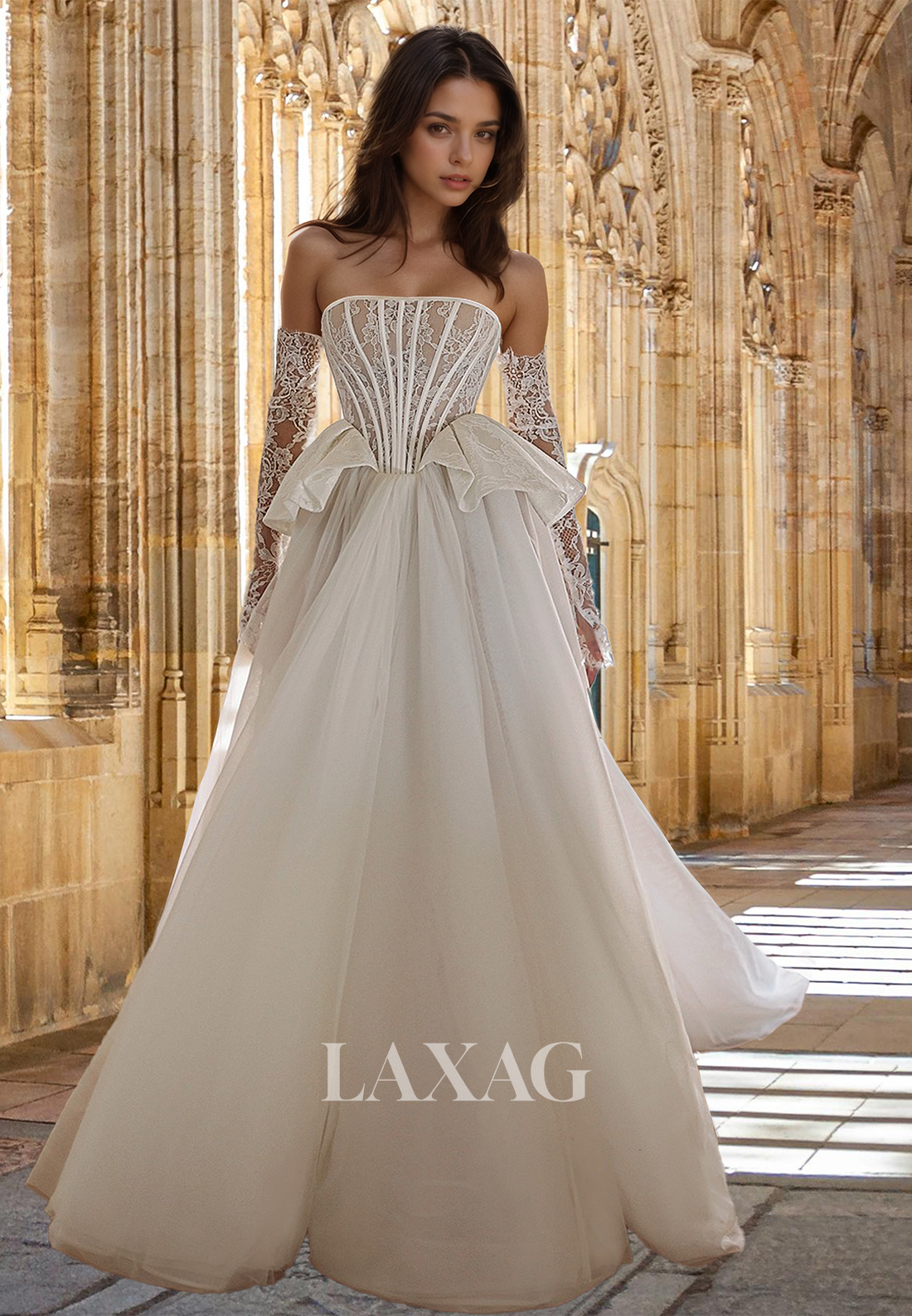 Tube Top Lace Long-Sleeves A-Line Wedding Dress Pleated Applique Tulle Laxag Tube Top Lace Long-Sleeves A-Line Wedding Dress Pleated Applique Tulle Laxag