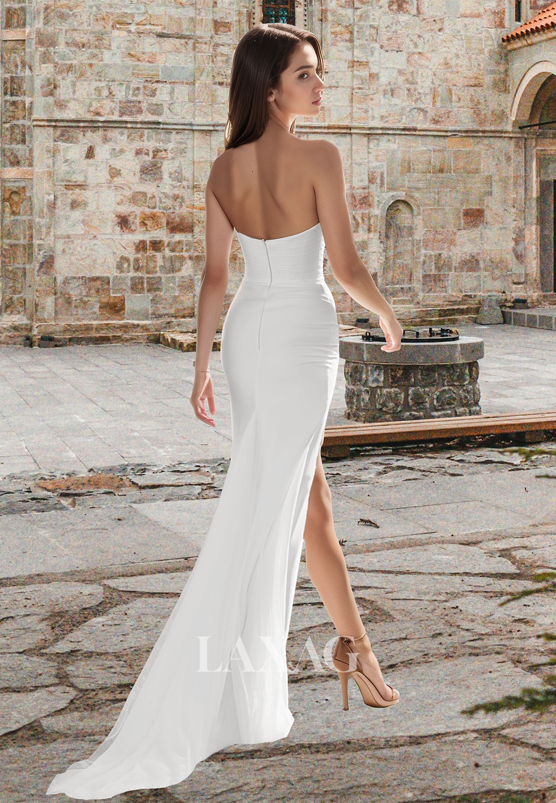 Halter-Neck Long-Sleeves Lace Applique Pleated Sweep Train Mermaid Wedding Dress with High Slit