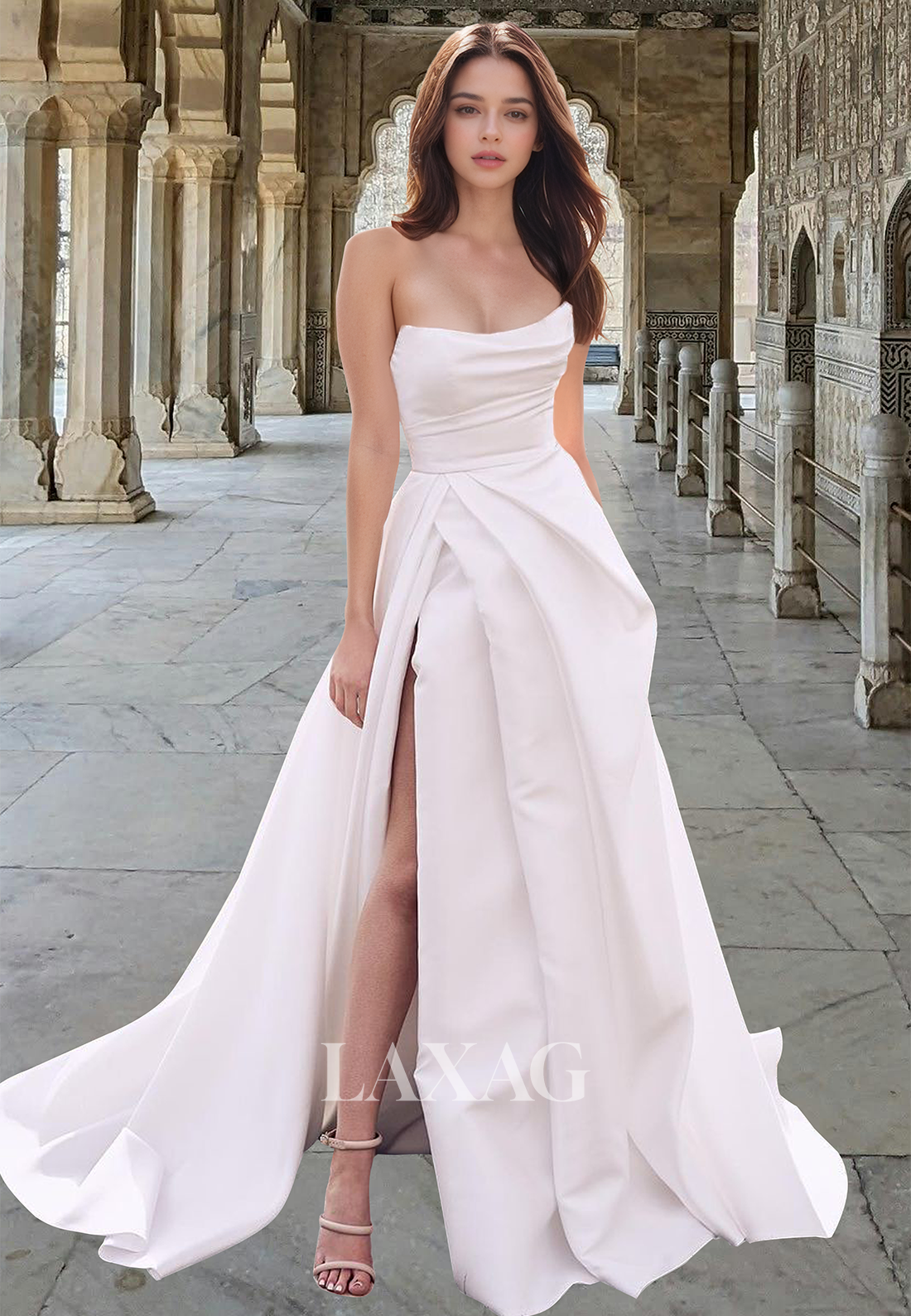 Scoop-Neck Sleeveless Off-Shoulder Bride Gowns Pleated High Slit Satin Laxag Scoop-Neck Sleeveless Off-Shoulder Bride Gowns Pleated High Slit Satin Laxag