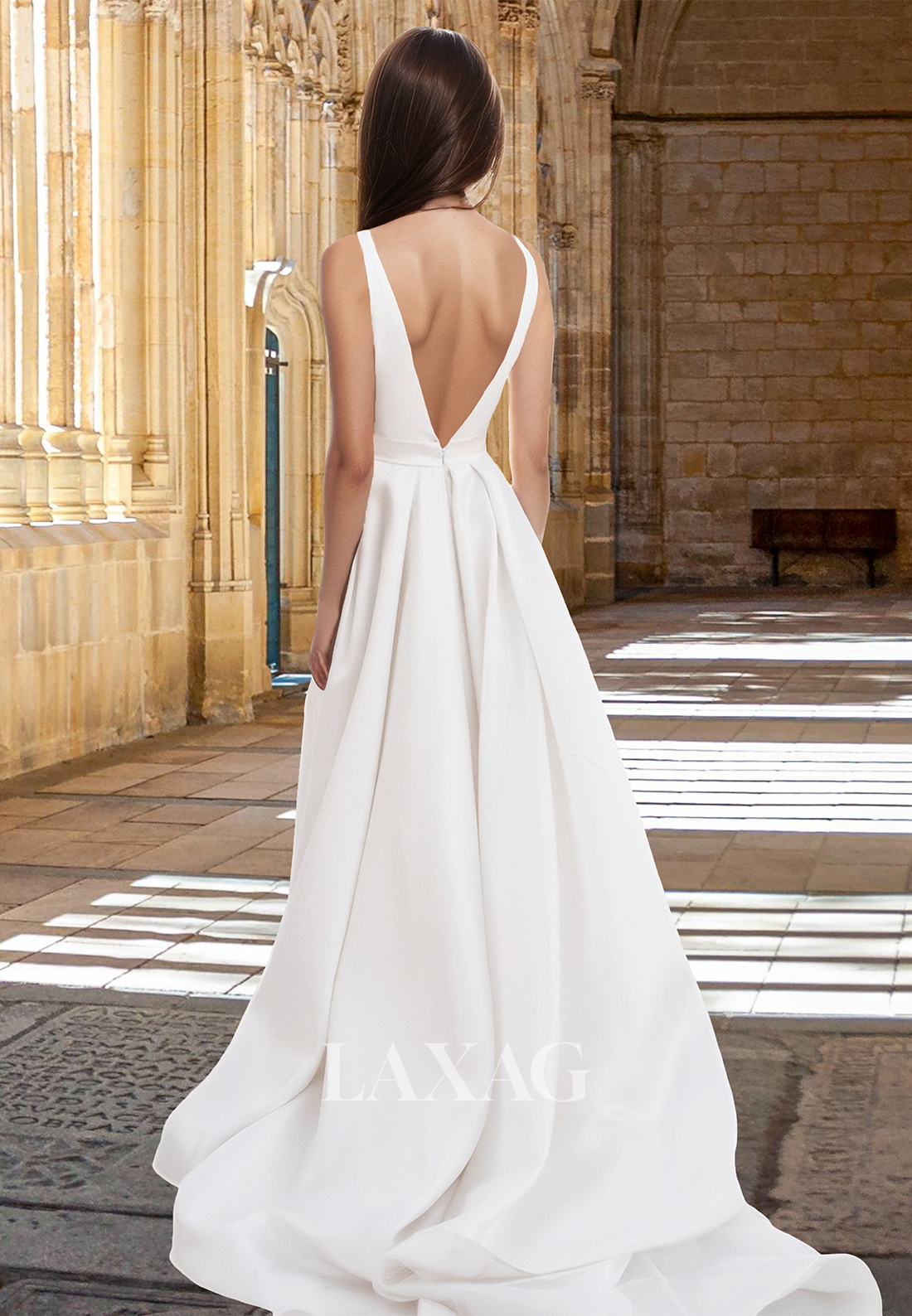 Simple Deep V-Neck Off-Shoulder Sleeveless Pleated Satin A-Line Wedding Dress with High Slit